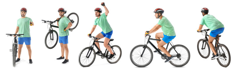 Sporty young man riding bicycle against white background