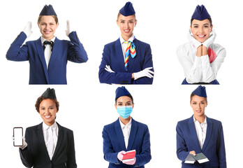 Collage of different beautiful stewardesses on white background