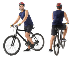 Sporty young man riding bicycle against white background