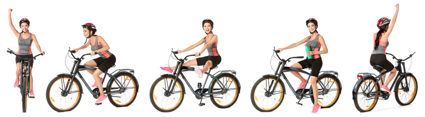 Sporty young man riding bicycle against white background