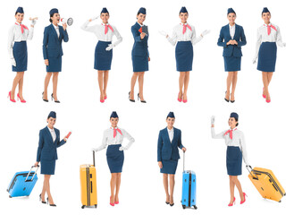 Fototapeta premium Collage of beautiful stewardess on white background