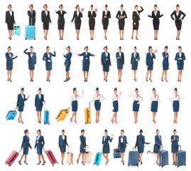 Collage of different beautiful stewardesses on white background