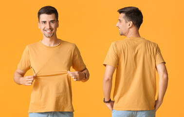 Man in stylish t-shirt on color background