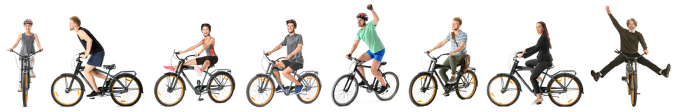 Sporty Young People Riding Bicycles Against White Background