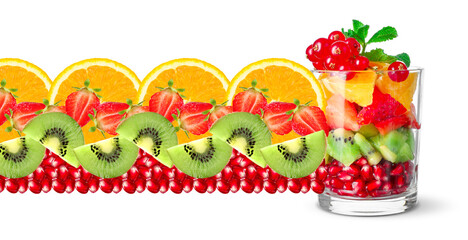 Delicious fruit salad in glass and flying ingredients on white background