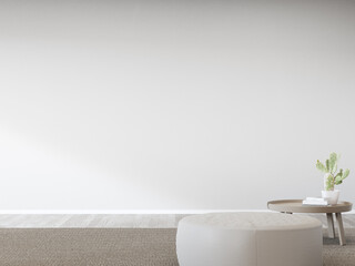 Stool against empty white wall of bright living room in modern house or apartment. Home interior 3d rendering with carpet on wooden floor.
