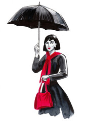 Pretty woman with umbrella. Ink and watercolor drawing