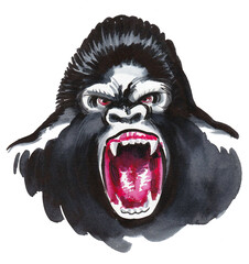 Mad screaming gorilla. Ink and watercolor drawing
