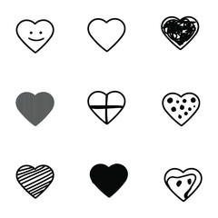 Set of hand drawn heart shapes, different styles, isolated on white background EPS Vector