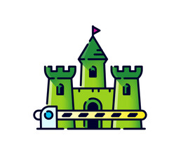 Obraz premium Medieval castle with a gate. No entry and exit icon. Allegory and metaphor of the restricted area. Outline flat style. Illustration for website or print.