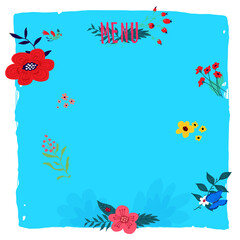 Fototapeta na wymiar Blue floral background for text. Flora on a square. Design template for letters, menus and packaging.