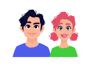 Illustration of a girl and a guy. A pair of a man and a redhead woman. Two characters for advertising and design. Vivid images with big eyes. Mature people in good physical shape.