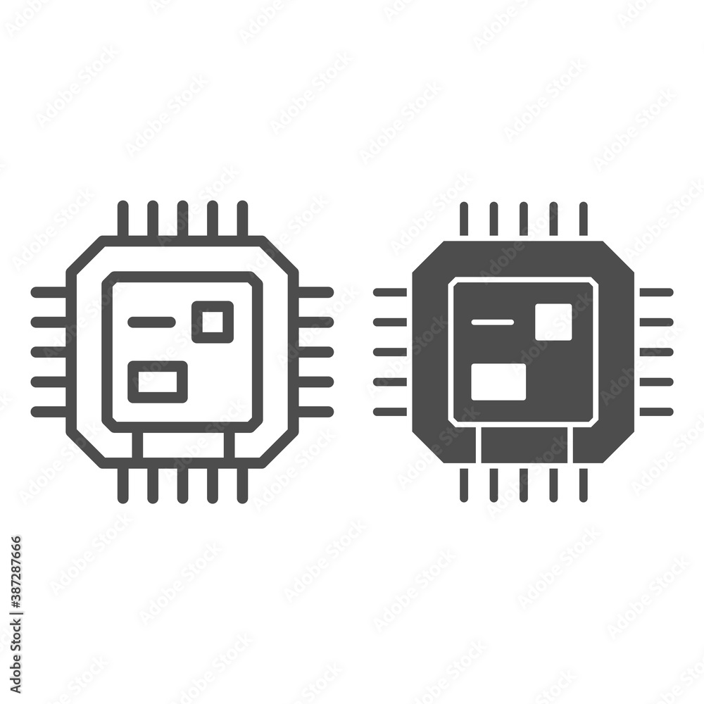 Poster central processing unit line and solid icon, robotization concept, cpu sign on white background, com