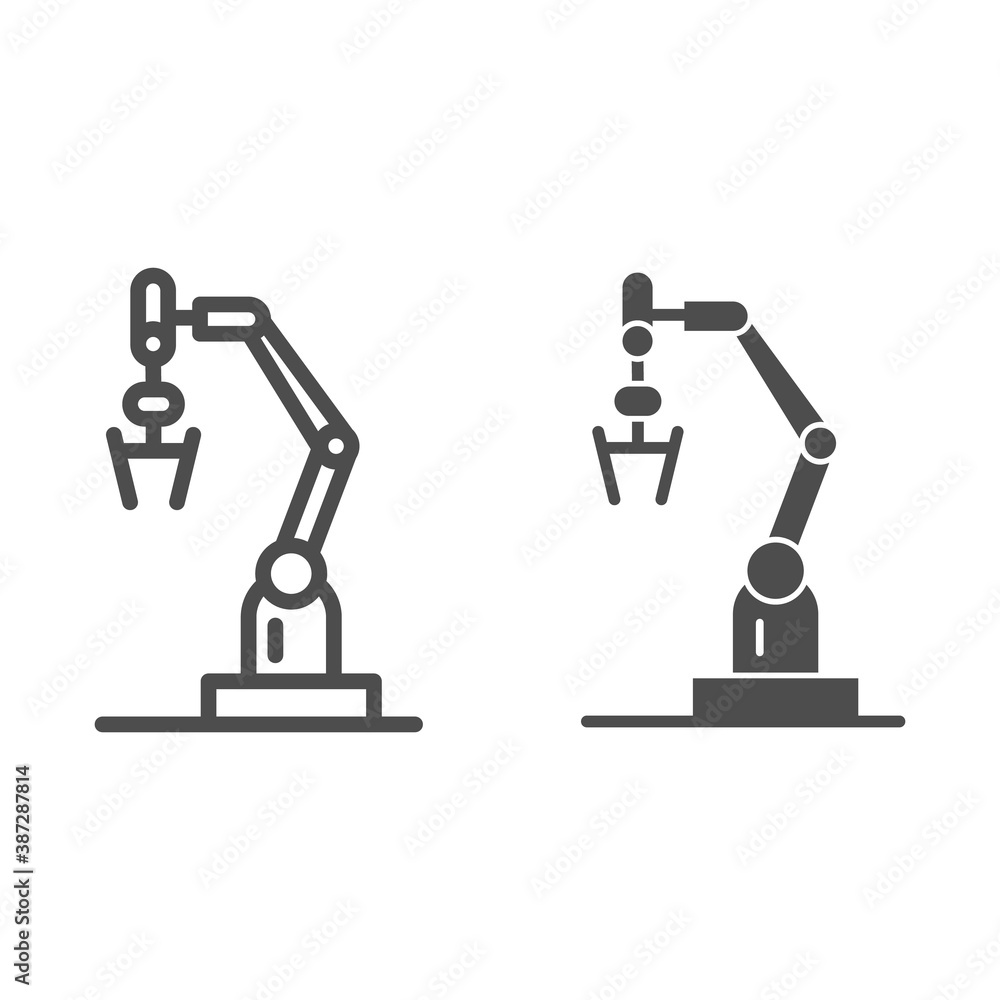 Poster robot machine line and solid icon, robotization concept, robotic hand manipulator sign on white back