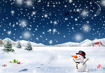 Merry Christmas and happy New Year greeting card with snowman. Santa and his reindeer on moon background with snowy house. Christmas landscape.Winter background. 3D illustration