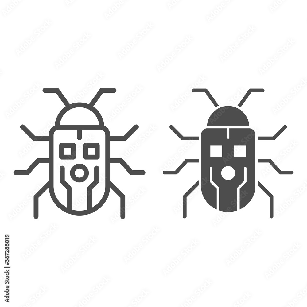 Poster robot beetle line and solid icon, robotization concept, robot bug sign on white background, robotic 