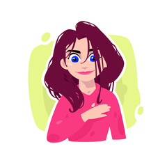 Illustration of a young girl. Cartoon beautiful girl with long hair. Character for advertising and design. A vivid image. Profile avatar. A hero for films.