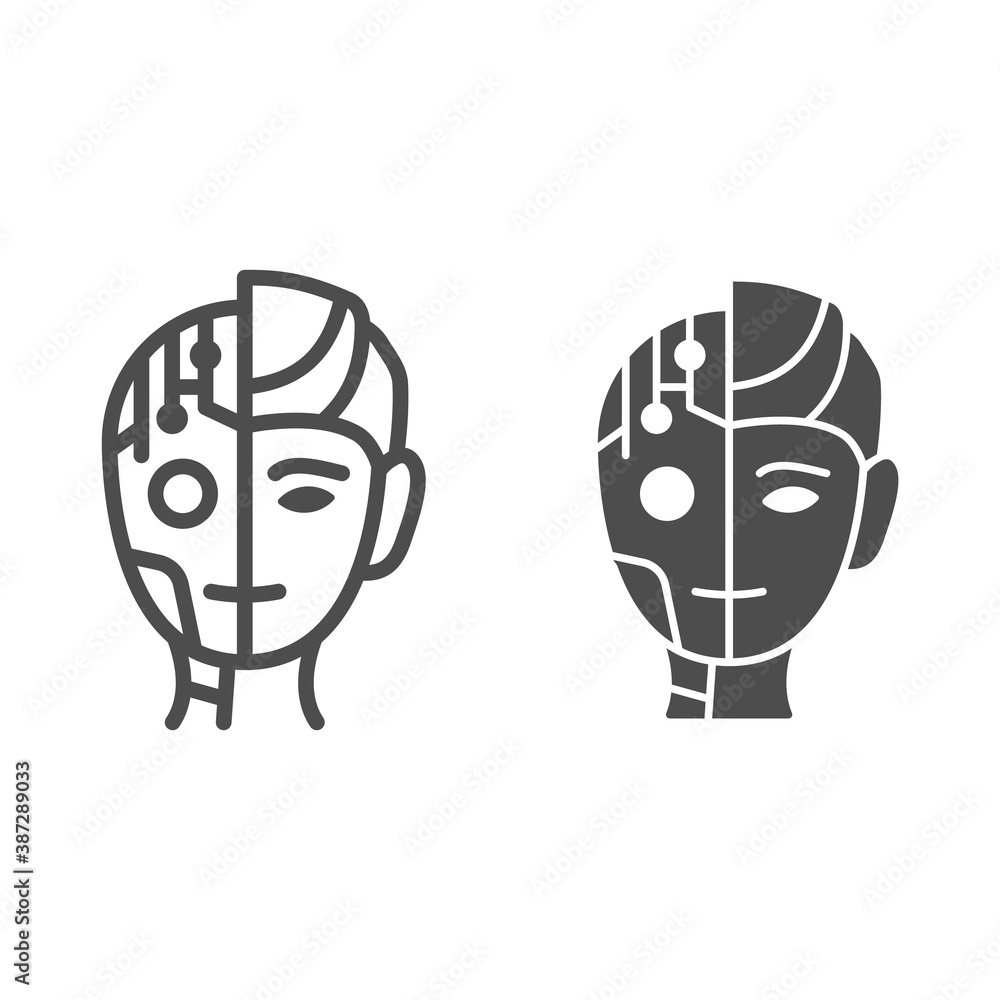 Poster robot man line and solid icon, robotization concept, neuro interface sign on white background, digit