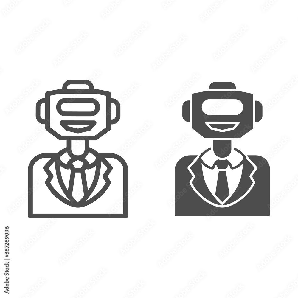 Poster Robot in suit line and solid icon, Robotization concept, bot personal business helper sign on white background, Robot wearing suit icon in outline style for mobile and web design. Vector graphics.