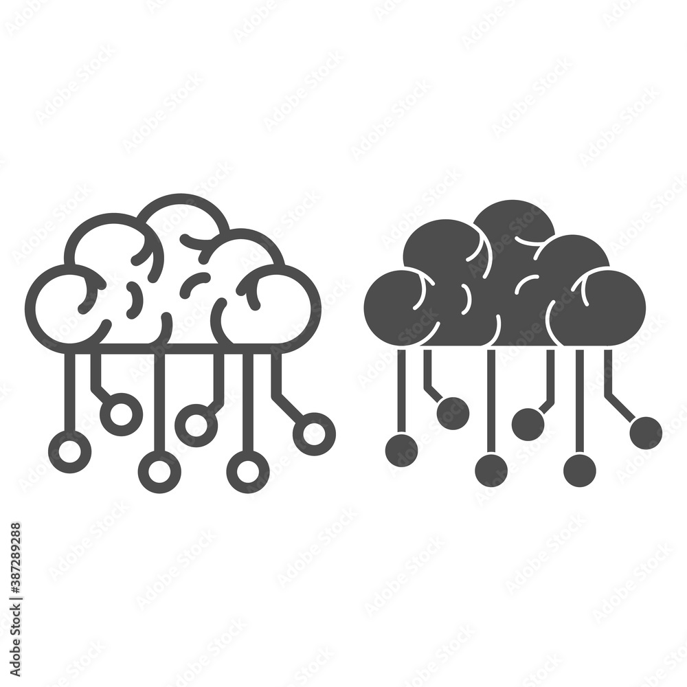 Poster electronic brain line and solid icon, robotization concept, neural network sign on white background,