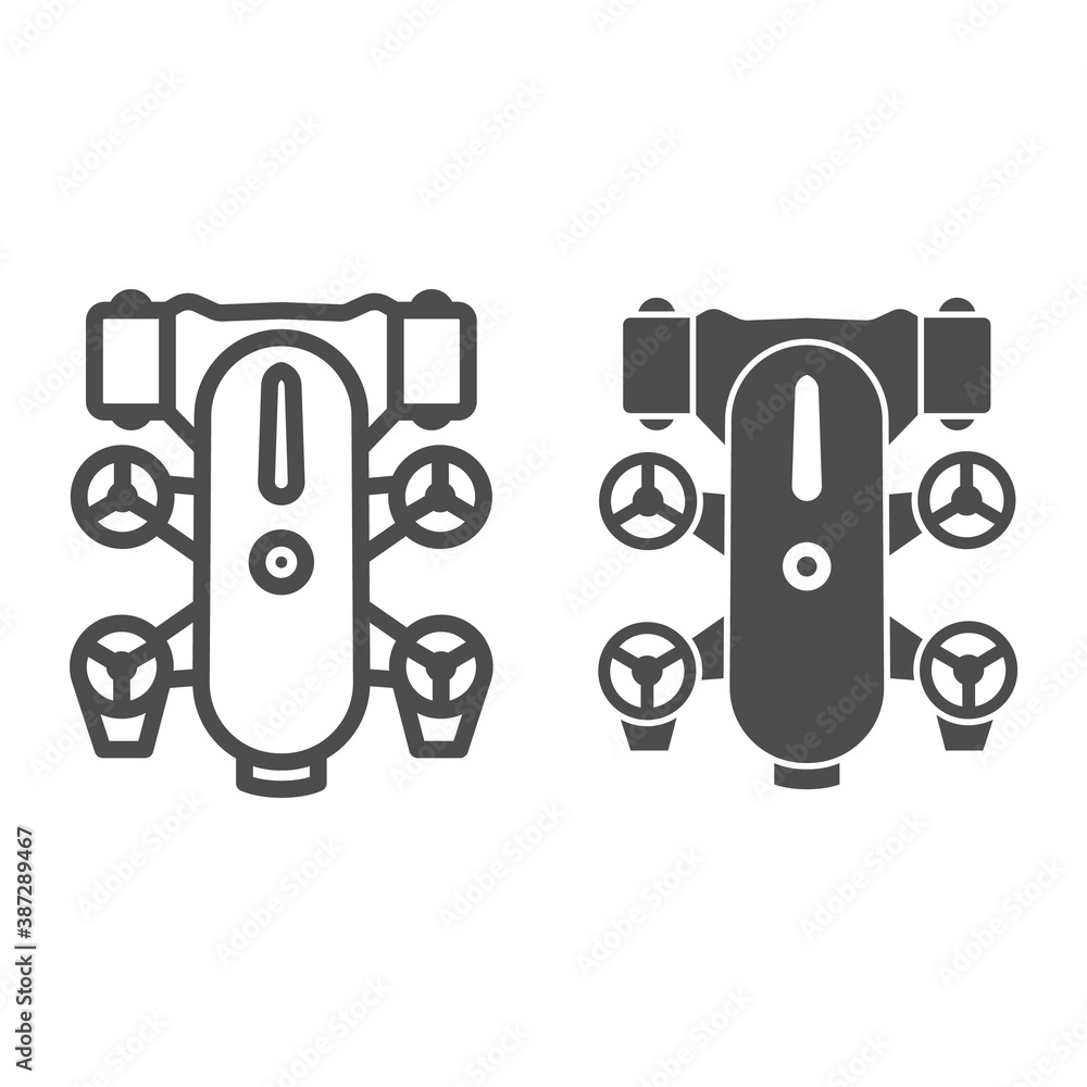 Poster underwater robot line and solid icon, robotization concept, underwater vehicle sign on white backgro
