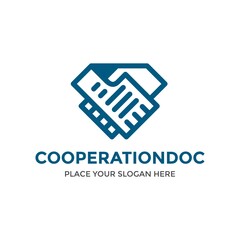 Cooperation document vector logo template with book and hand shake symbol