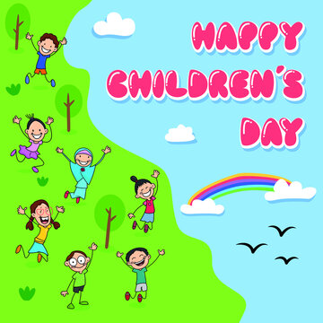 Happy Children's Day celebration design illustration vector Background Banner. International Friendship Children Kid outdoor activity