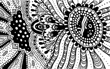 Ornament doodle pattern for coloring book for adults. Coloring page with floral motifs. Psychedelic texture. Zentangle pattern. Vector illustration