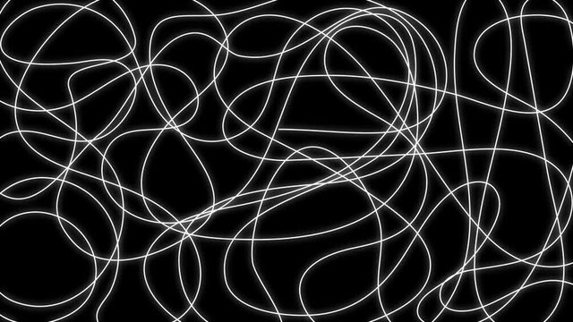 Glowing line on a dark background. Self drawing animation of neon shining line. Doodle thread drawing chaotic abstract background with scrawl, scribble, circles. Footage for dynamic web design.