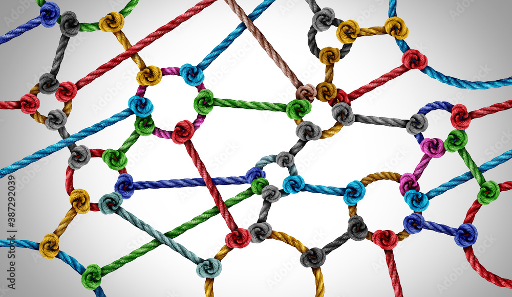 Poster Connection network concept and connected diversity as circle shaped group of ropes creating a connected networking horizontal composition as a connect concept for business or social media