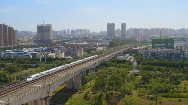 aerial view of railway bridge and trian  