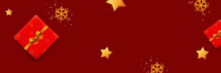 holiday red background banner with copy space.  gift box, stars and snowflakes decoration. xùas horizontal background top view 