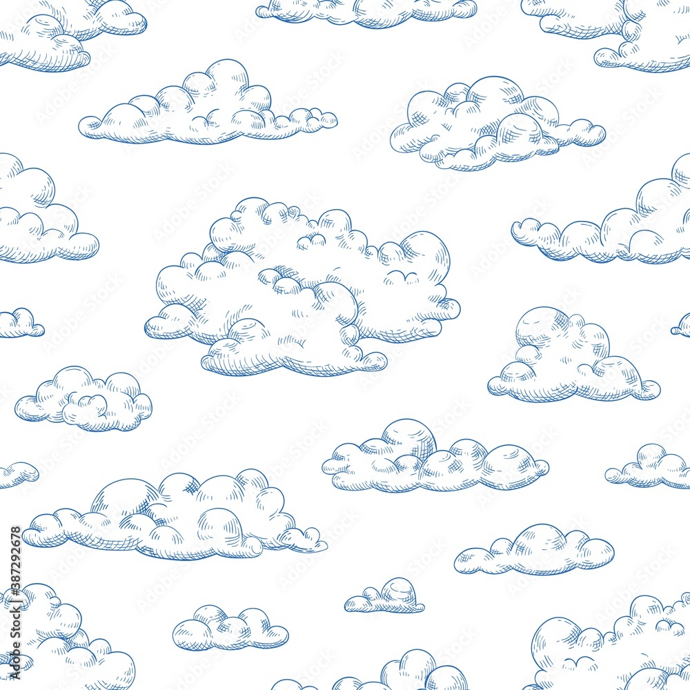 Poster Seamless pattern with fluffy clouds or cumulus. Drawing of cloudy sky. Monochrome background with cloudscape. Vector hand drawn realistic illustration