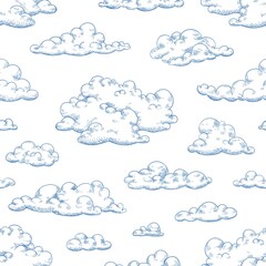 Seamless pattern with fluffy clouds or cumulus. Drawing of cloudy sky. Monochrome background with cloudscape. Vector hand drawn realistic illustration