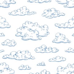 Obraz premium Seamless pattern with fluffy clouds or cumulus. Drawing of cloudy sky. Monochrome background with cloudscape. Vector hand drawn realistic illustration