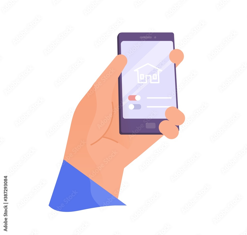 Aufkleber male or female cartoon hand hold phone with interface of smart home application. modern wireless tec