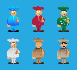 Fat male cartoon chef in uniform pointing at the viewer with his hand. Vector illustration.