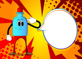 Cartoon bottle of hand sanitizer gel for hygiene  with face puting an imaginary gun to his head.