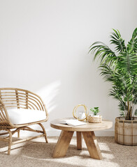 White cozy living room interior, Coastal Boho style, 3d render 