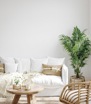 White cozy living room interior, Coastal Boho style, 3d render 