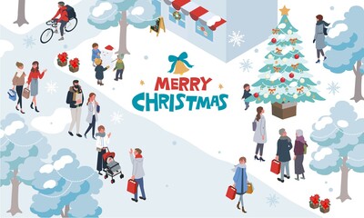 アイソメトリック　クリスマスの人々　イラスト　街並み　バナー
