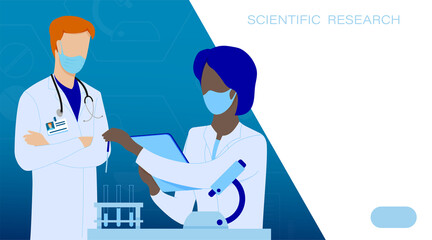 Student, medical scientist in white coat conducts research with mentor. Training, exchange of experience. Liquid drips into test tube. Scientific research in field of medicine. Vector