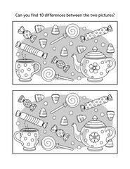 Find 10 differences visual puzzle and coloring page with Halloween candy, cup with tea, teapot
