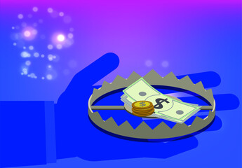 Lure trap In the hands of a businessman. Purple blue background