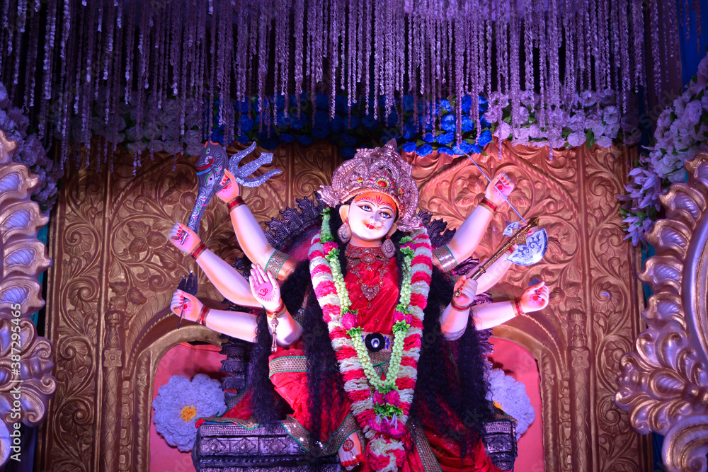 Sticker idol of hindu goddess durga during navratri festival