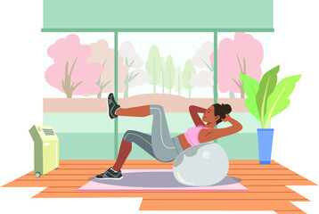 Beautiful athlete woman doing fitness at home with a fitness ball. outdoor background landscape .