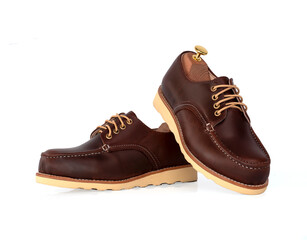 Men fashion brown shoes leather with shoe tree (shape supporter)  isolated on white background.