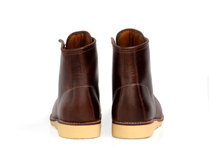 Men fashion leather brown boots isolated on white background.  Back view