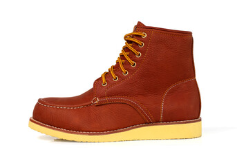 Men fashion leather brown boots isolated on white background. side view