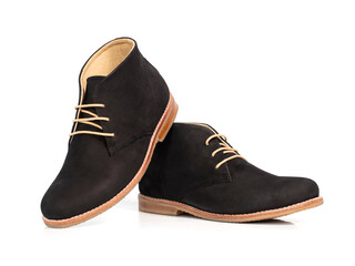 Men fashion leather black ankle boot isolated on white background.